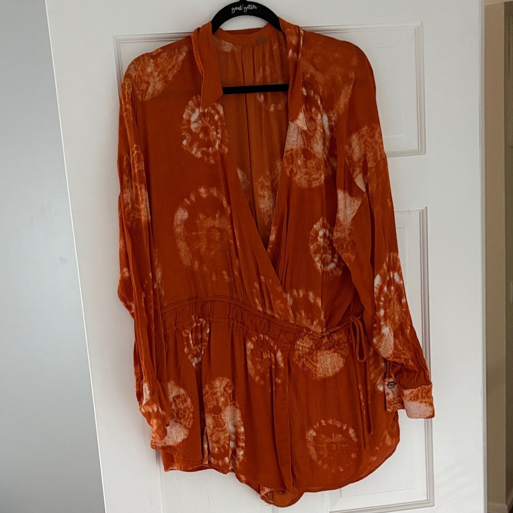 Free People Rust Orange Tie-Dye Long Sleeve Romper – Size M